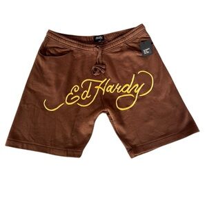 Ed Hardy Cocoa Sweat Shorts Gold Script Logo XL Y2K Streetwear Embroidered NWT